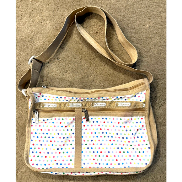 LeSportsac Crossbody Bag Polka Dots 2 Main Zip Compartments 3 Outer Zip Pockets - Picture 1 of 9